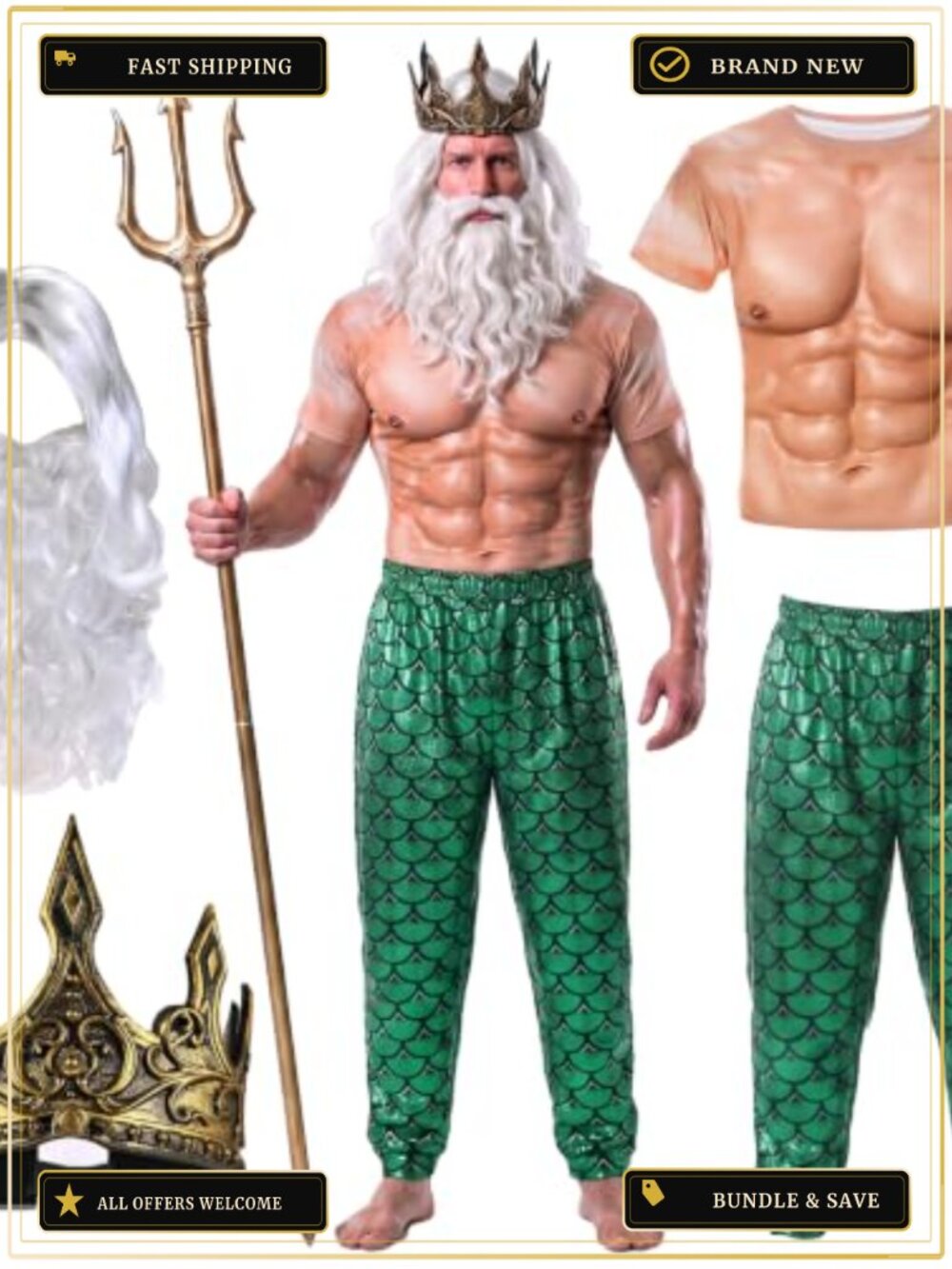 4 Pc Poseidon Merman Costume Set Muscle Shirt Mermaid Pants Crown Wig